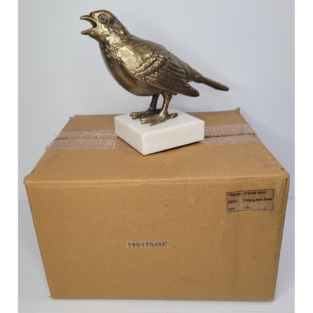 Frontgate Grandin Road Chirping Wren Brass Statue Marble Base New w/ Box RARE